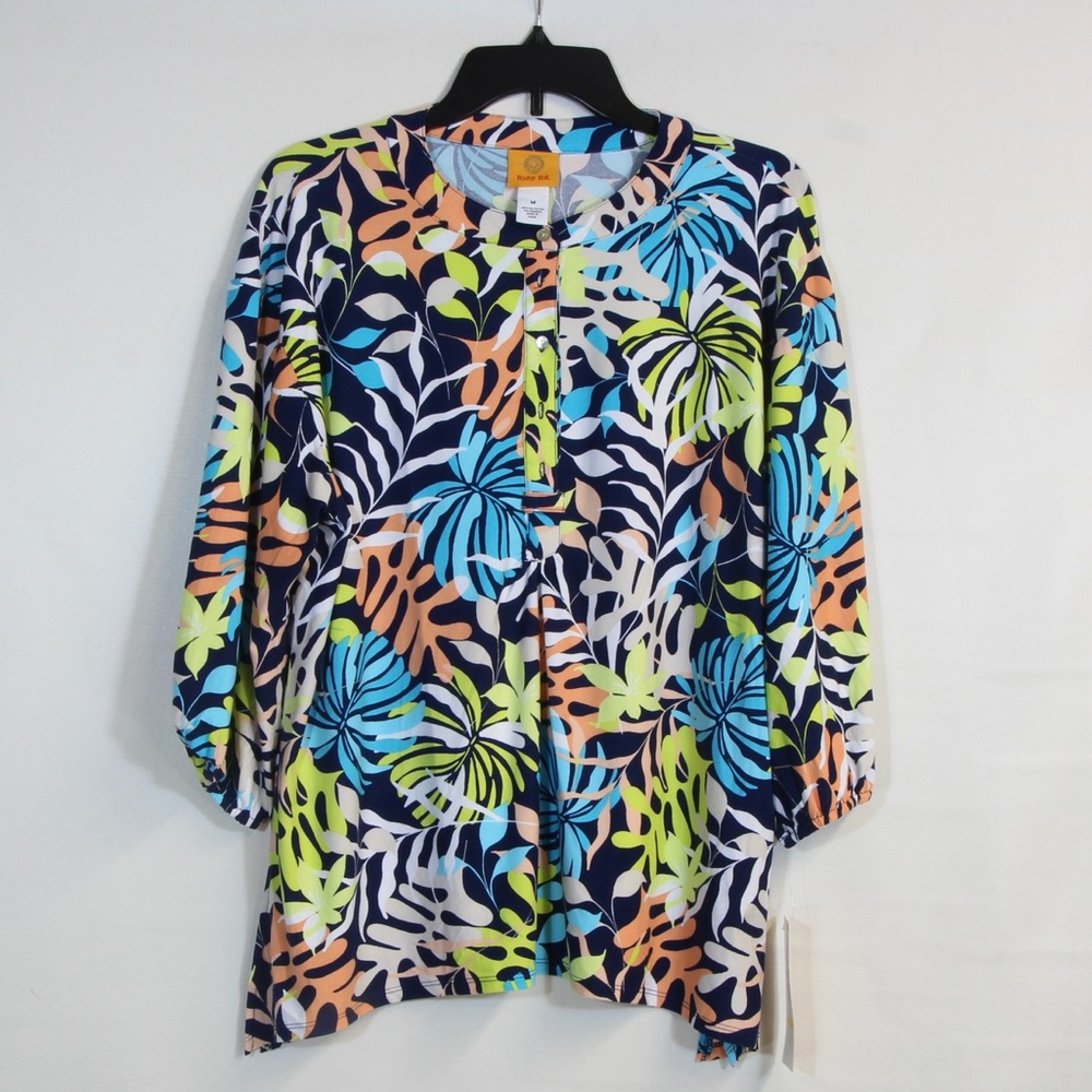 Ruby Rd. Women's Eclectic Geo Paradise Floral Long Sleeve Navy Blue Top NWT